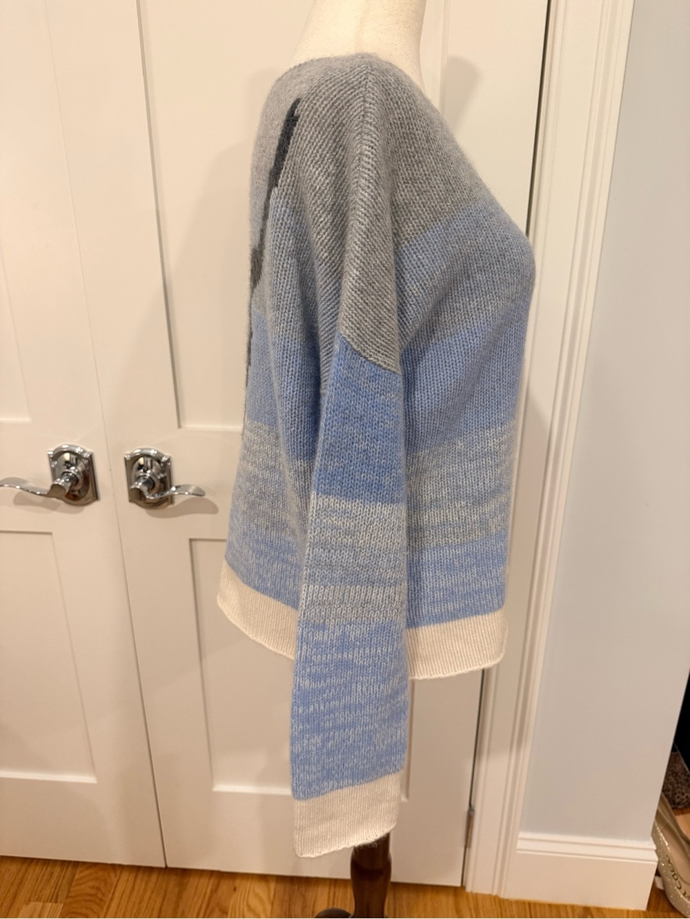 Skull Cashmere Crewneck Sweater in Light Blue, Gray & Cream with Graphic - Picture 7 of 15